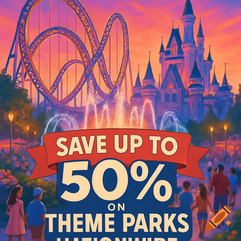 Illustrated theme park at sunset with a roller coaster, castle, and people, featuring a banner that reads 'SAVE UP TO 50% ON THEME PARKS NATIONWIDE'.