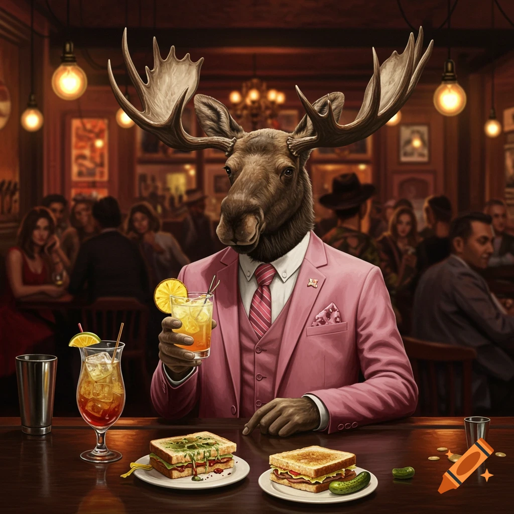 A moose with large antlers wearing a pink suit sits at a bar, holding a drink, with sandwiches and a pickle on the counter in front of him. Photorealistic style.