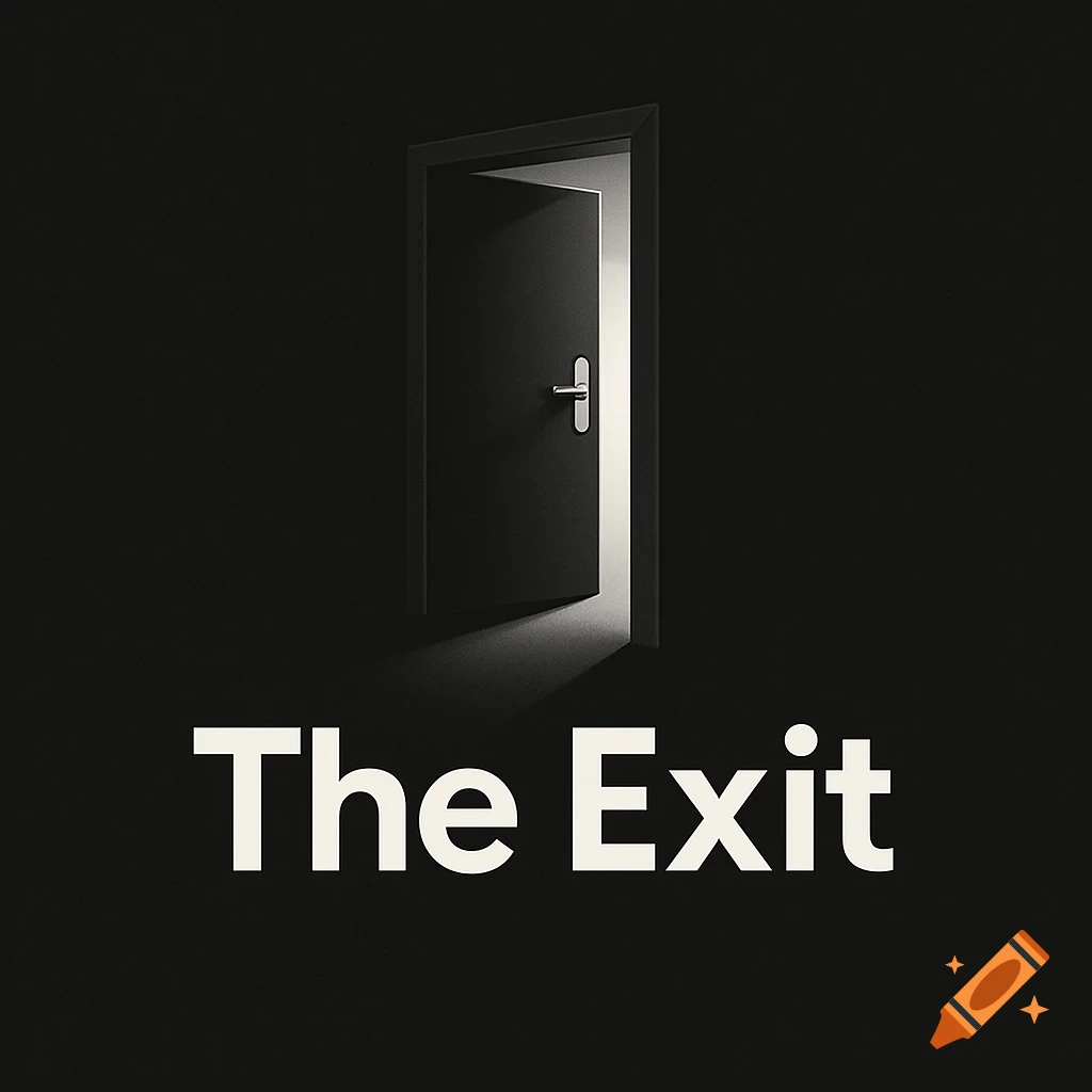 A minimalist logo featuring a dark open door with bright light spilling out, above the white text "The Exit" on a black background.