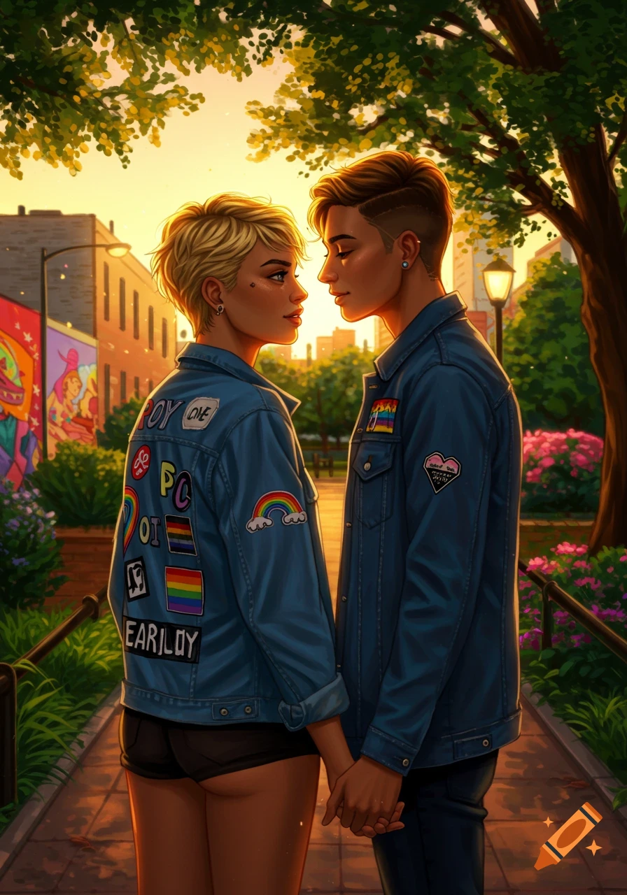 Two people with short hair, one blonde and one brunette, hold hands and look at each other in an urban park at sunset. They wear denim jackets with rainbow patches and other text on them.