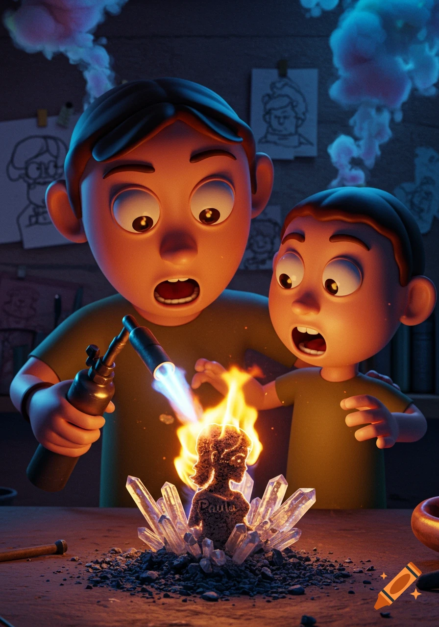 Two wide-eyed cartoon boys are shocked as one uses a torch to burn a small figure of a woman named Paula, surrounded by glowing crystals.