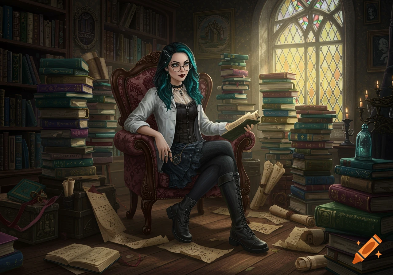 A gothic researcher with teal hair and glasses sits in an armchair surrounded by towering stacks of books in a cozy, cluttered library.