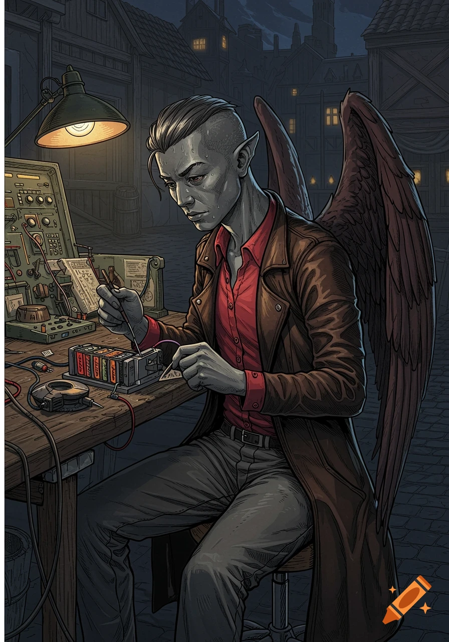 A grey-skinned person with wings and pointed ears works on electronics at a workbench in a nocturnal, old-town setting.