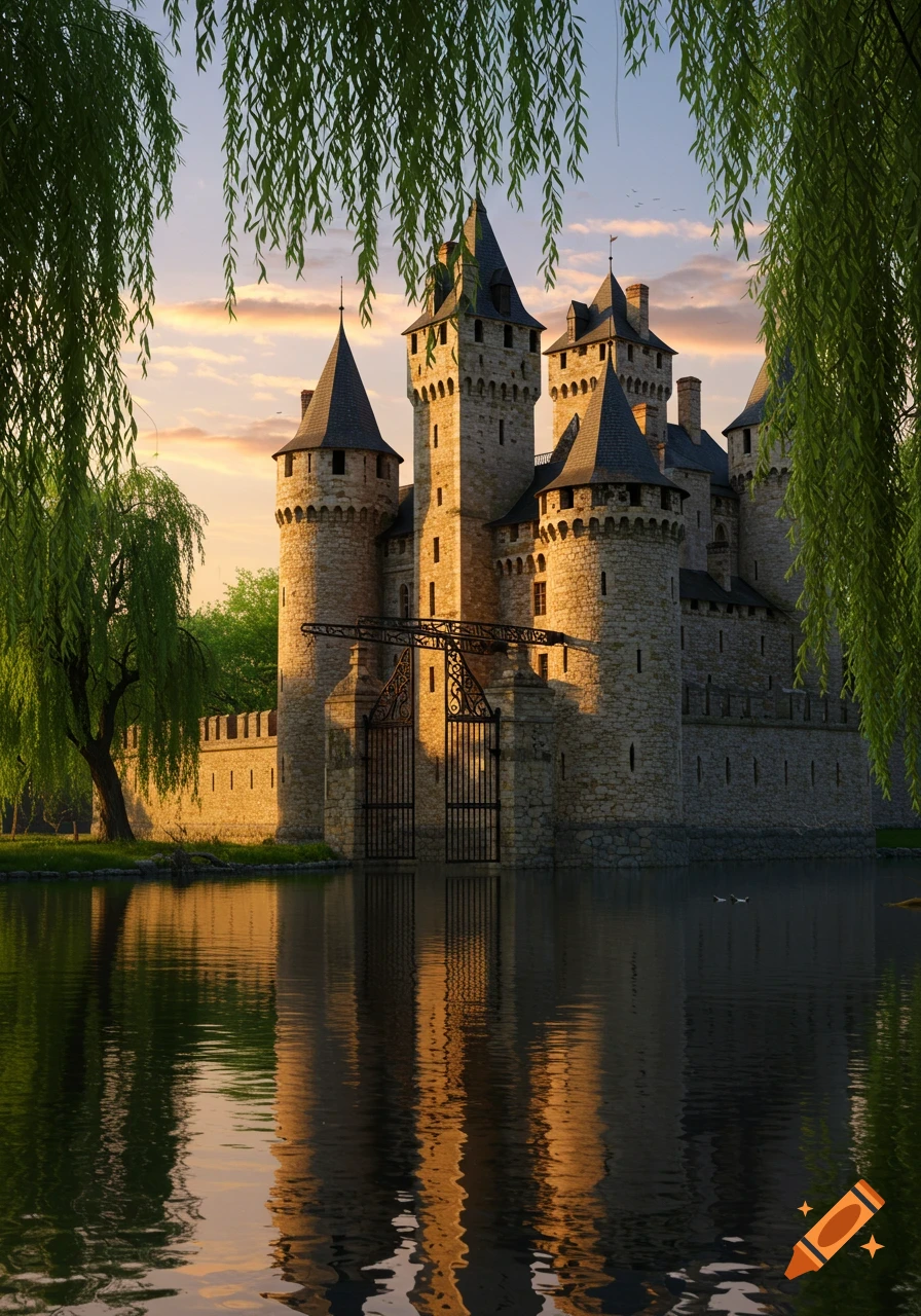 A majestic medieval castle with multiple towers and a drawbridge, reflected in the calm water of its moat, framed by weeping willow branches at sunset. Photorealistic.