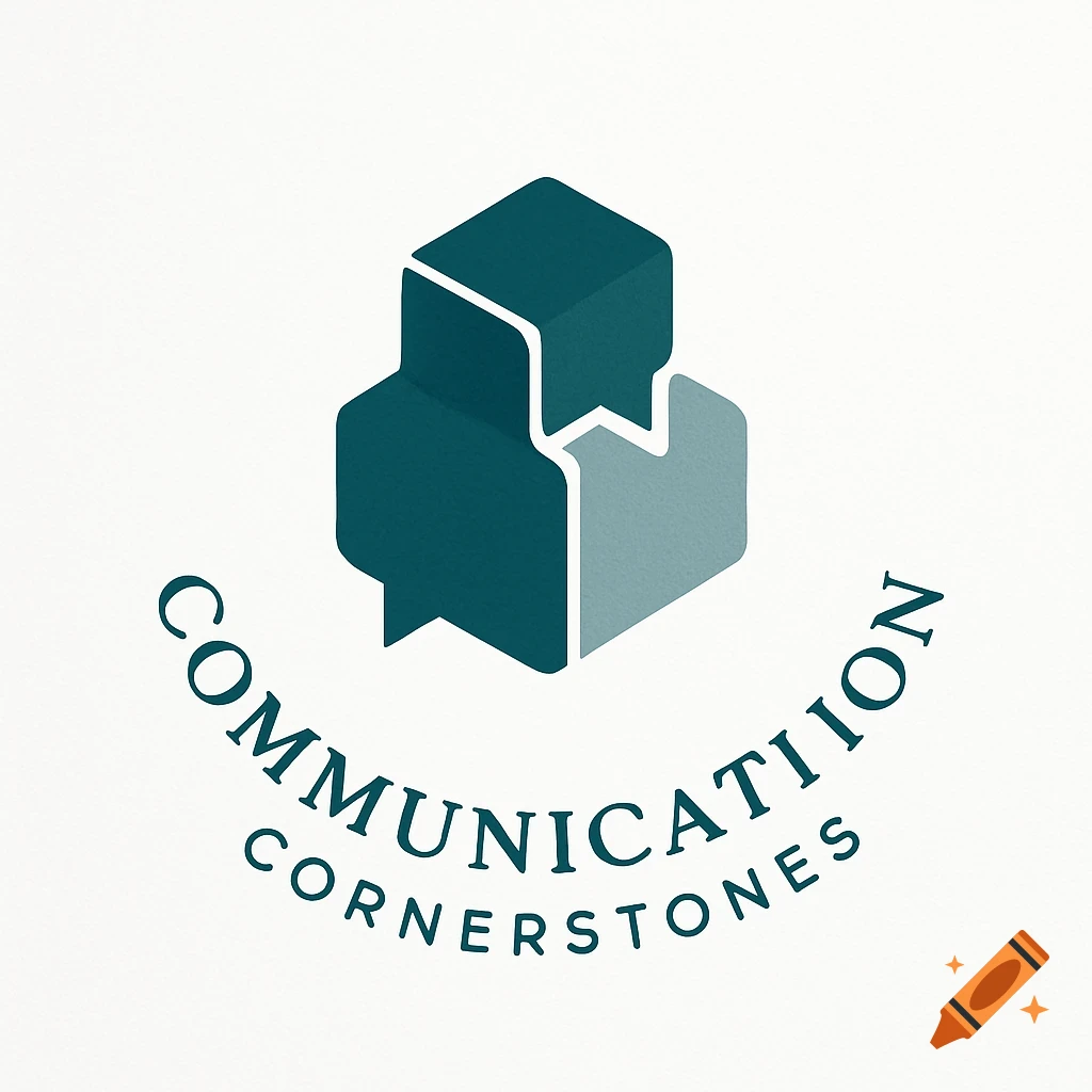 A logo with teal and light gray speech bubbles forming a cube, text reads 'COMMUNICATION CORNERSTONES'.