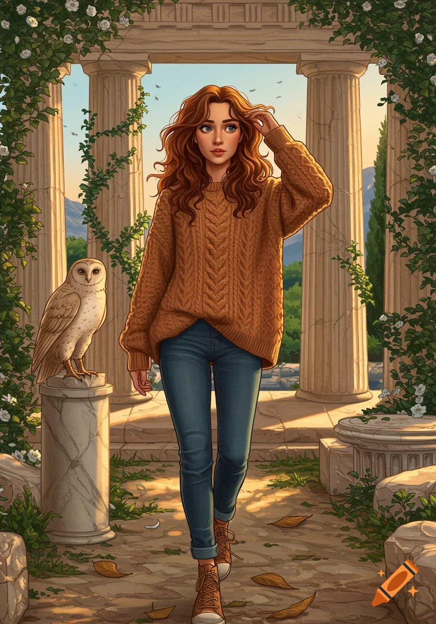 An illustrated young woman with long red hair in a brown sweater and jeans walks past ancient columns with an owl on a pedestal.