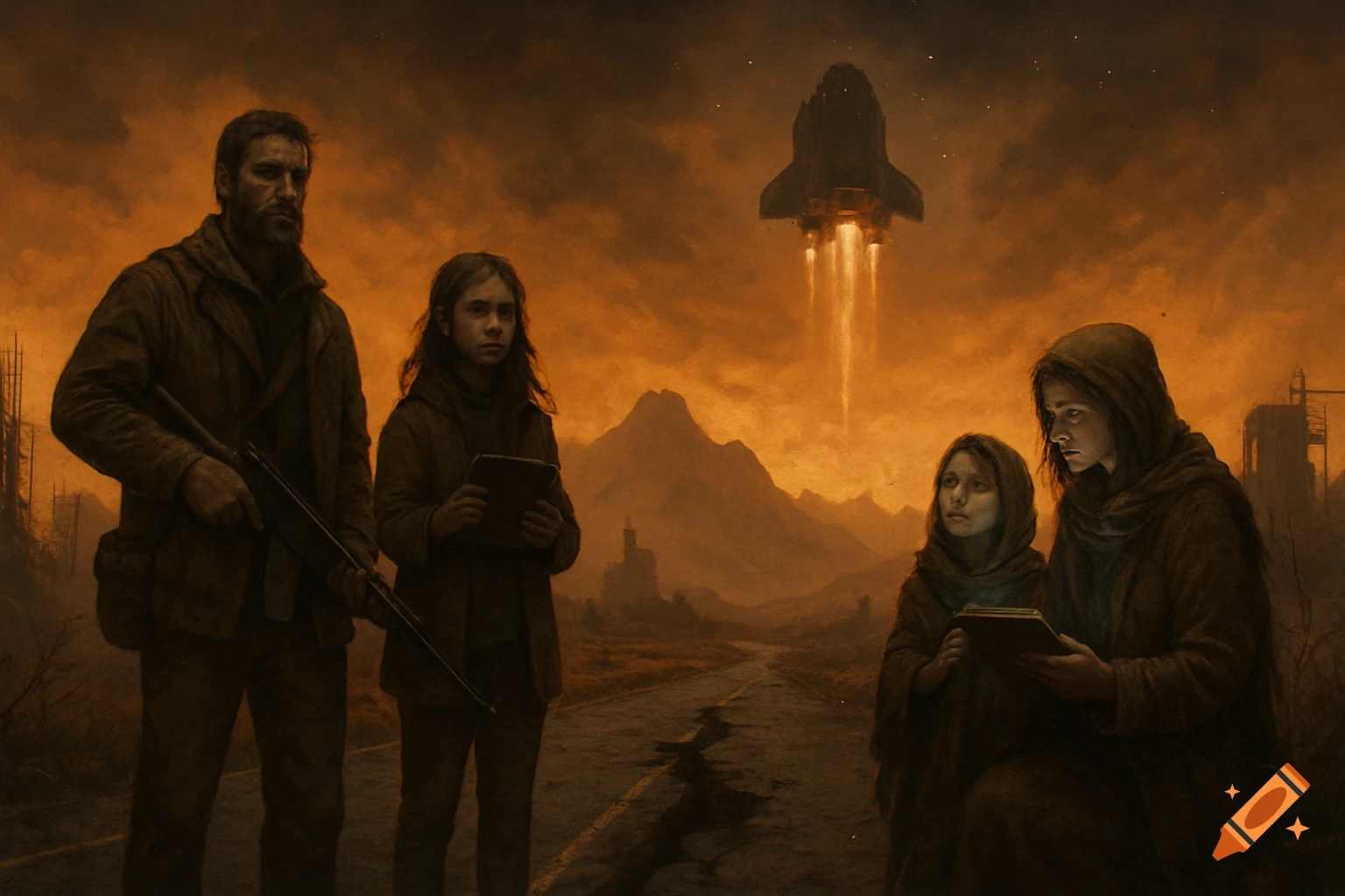 A family in a bleak, post-apocalyptic landscape watches a spaceship launch into an orange, ash-filled sky.