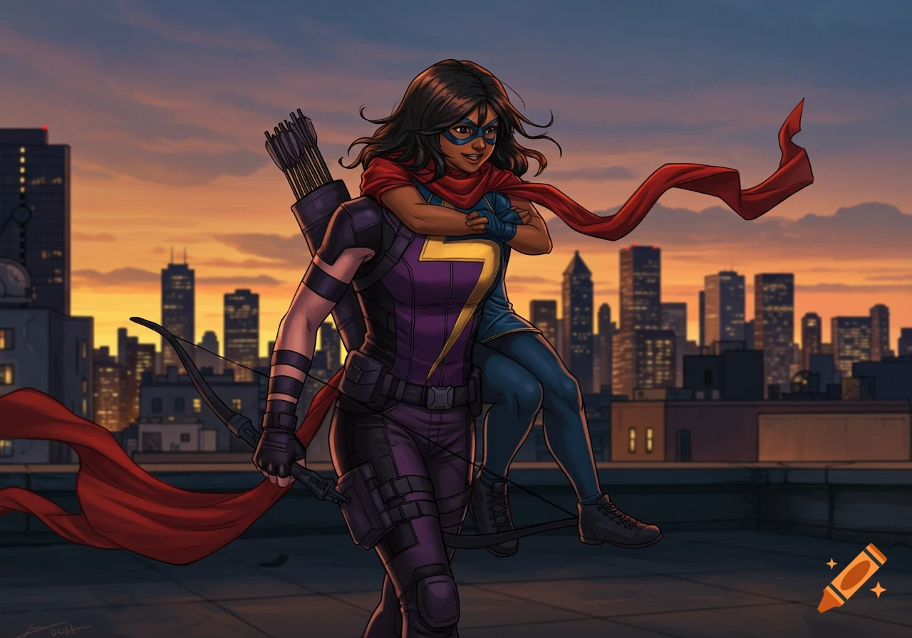 Kate Bishop Hawkeye carrying Kamala Khan Ms. Marvel on a city rooftop at sunset, comic art style.