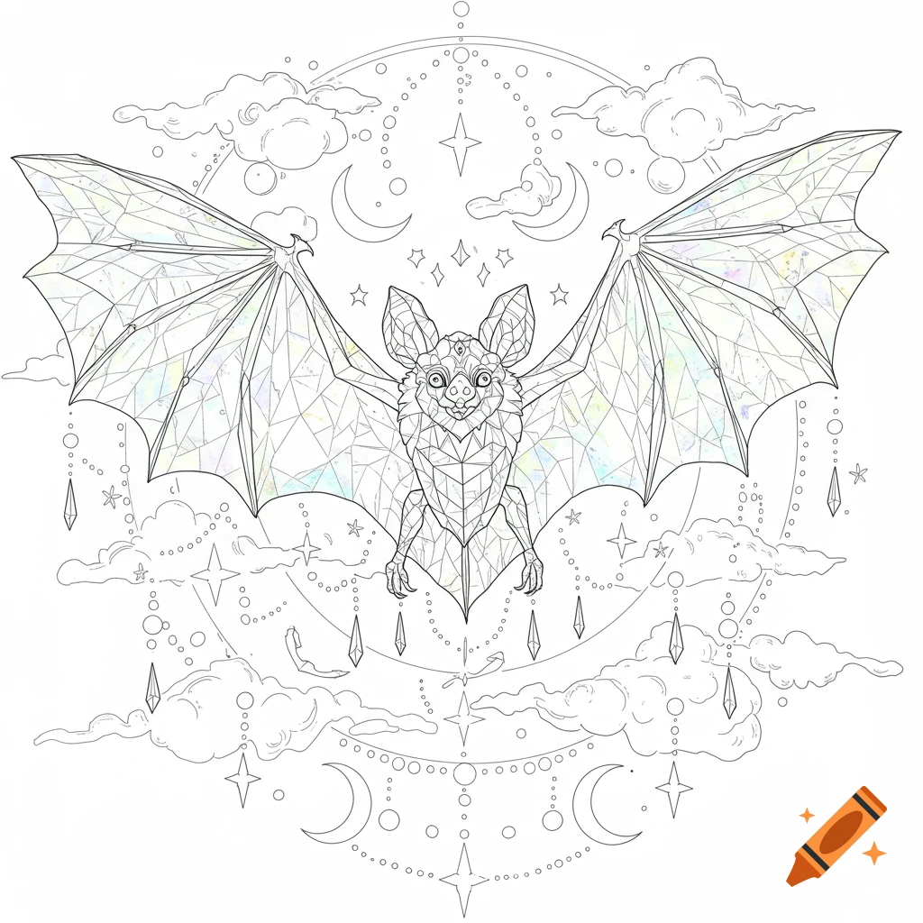 Line art coloring page of a stylized crystal bat with outstretched wings, surrounded by moons, stars, and clouds in a circular mandala design.