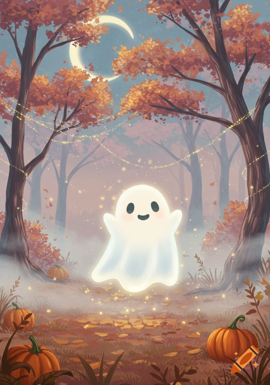 A cute, glowing white ghost floats in a magical autumn forest at night, surrounded by pumpkins, fallen leaves, and string lights under a crescent moon.