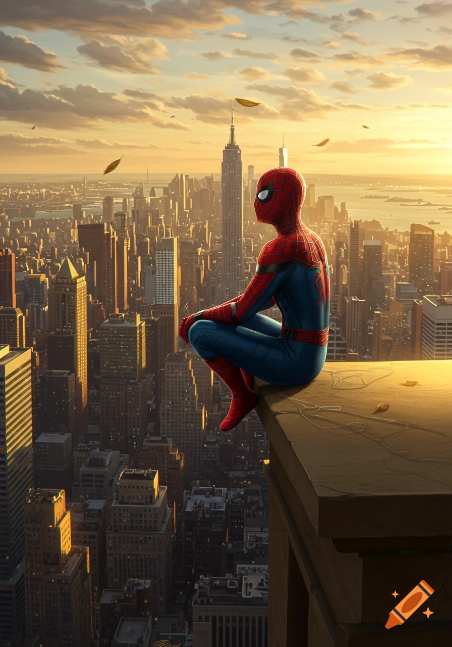 Spider-Man sits on a rooftop overlooking a vast cityscape at sunset, with the Empire State Building in the distance.