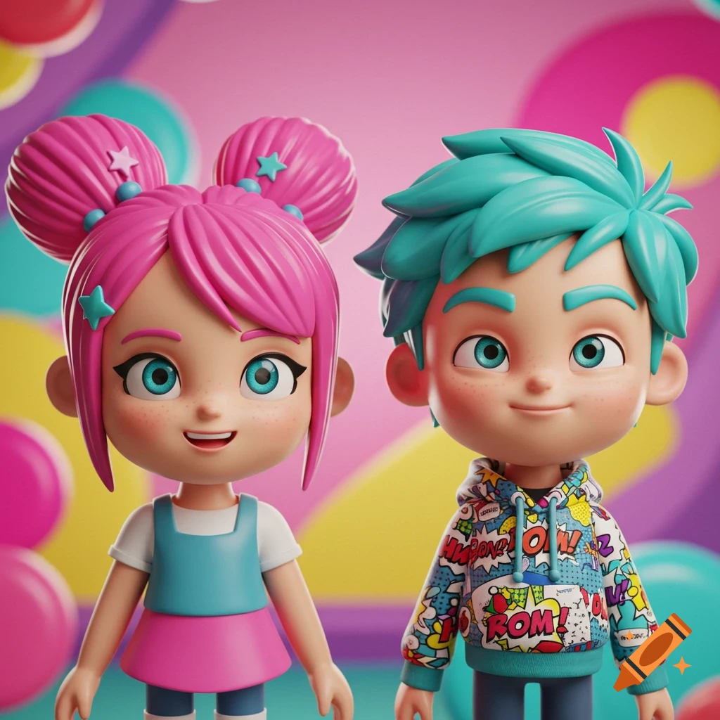 A stylized 3D render of a pink-haired girl and a blue-haired boy, resembling pop figures, smiling against a vibrant, colorful background.