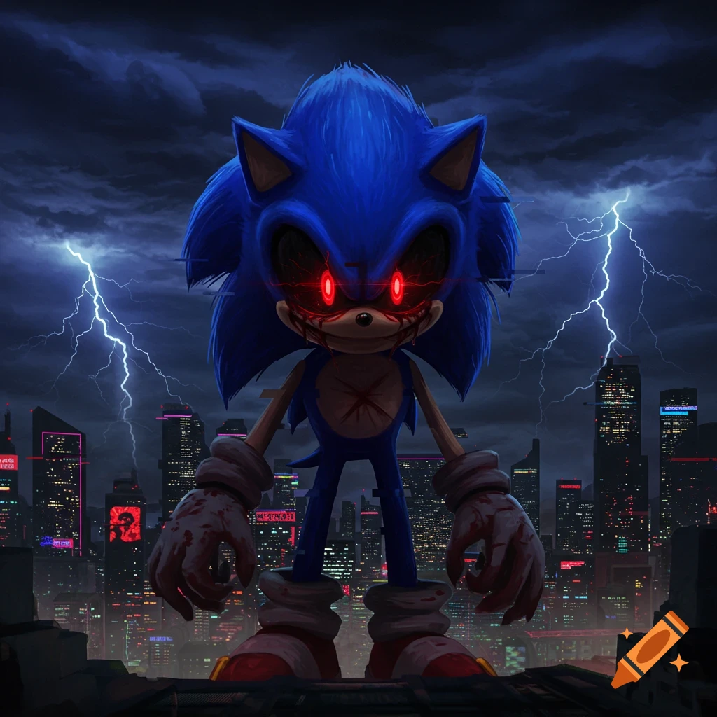 Sonic.exe, a bloodied blue hedgehog with glowing red eyes, stands in a dark city under a lightning storm.