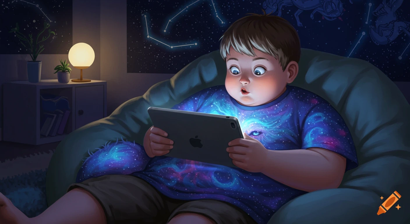 A boy sits in a beanbag chair, captivated by a glowing tablet, wearing a galaxy wolf t-shirt in a starry room.