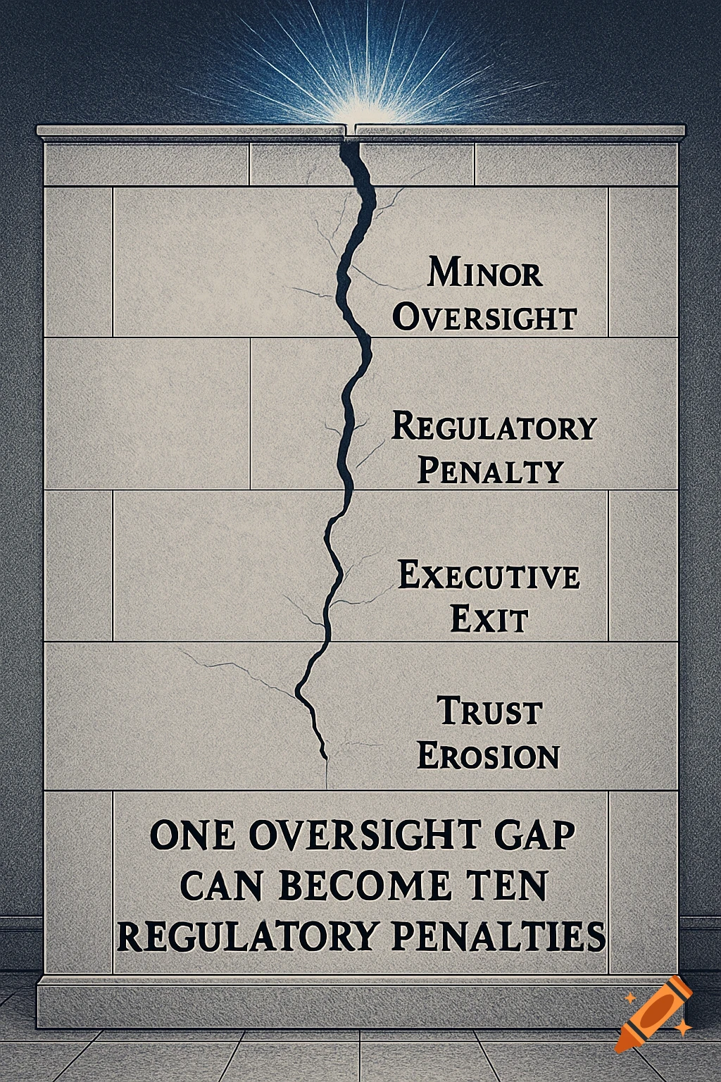 A conceptual illustration of a cracked stone wall with text labels: Minor Oversight, Regulatory Penalty, Executive Exit, Trust Erosion, and "One oversight gap can become ten regulatory penalties." Light shines from the top of the crack.