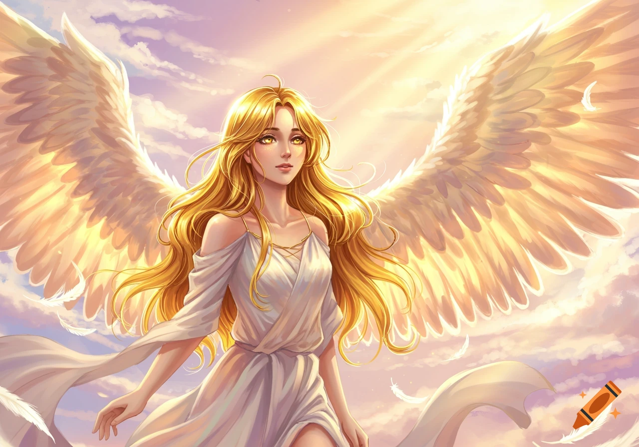 Anime-style female angel with golden hair and eyes, wearing a white flowing dress, stands with large white wings against a bright, cloudy sky.