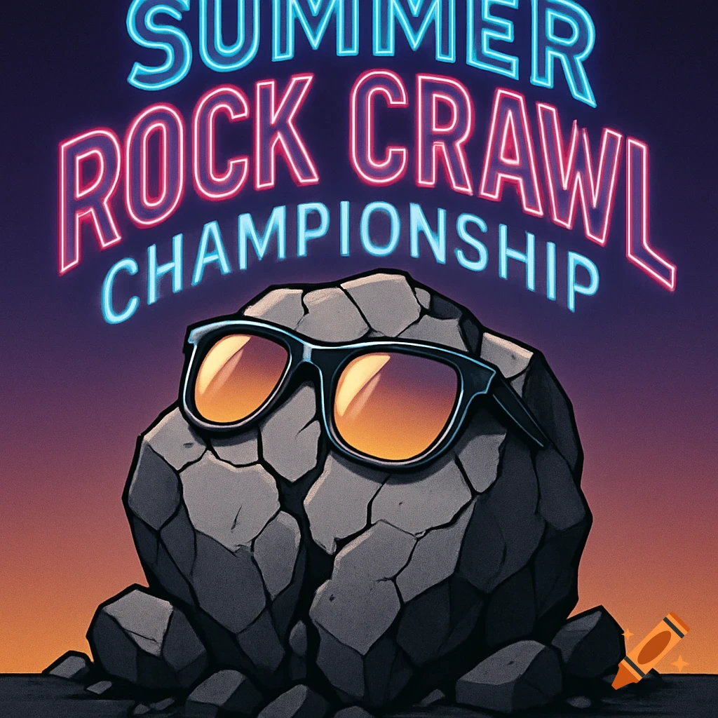 Cartoon illustration of a rock wearing sunglasses with neon text 'SUMMER ROCK CRAWL CHAMPIONSHIP' above it.
