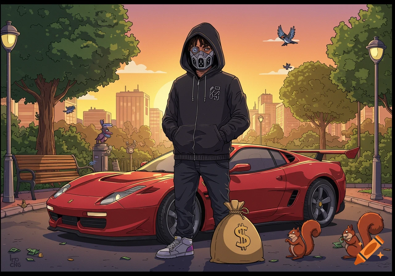 A cartoon man in a hoodie and mask stands beside a red sports car and a money bag in a park at sunset, with squirrels nearby.