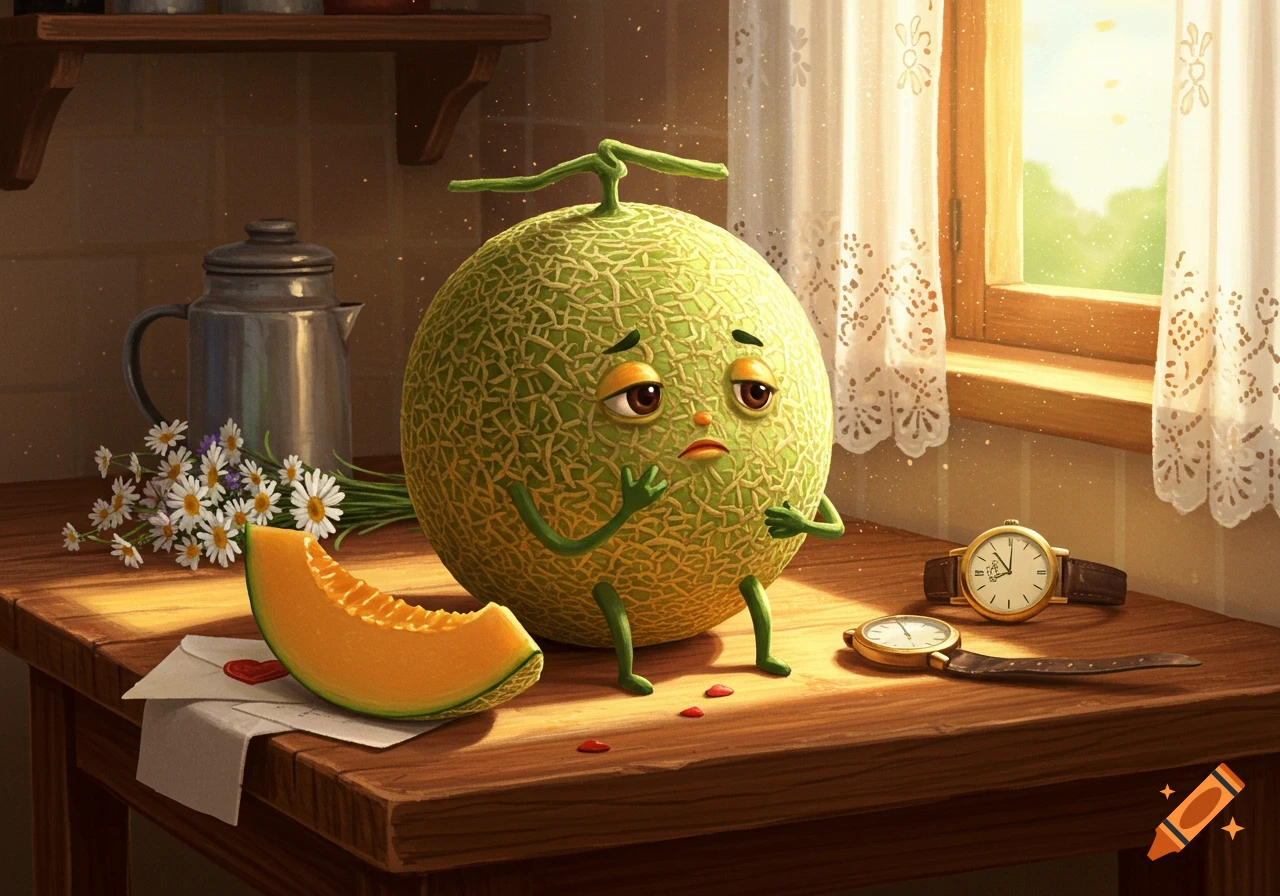 A sad anthropomorphic cantaloupe on a wooden table next to a melon slice, kettle, flowers, and watches, lit by window light.