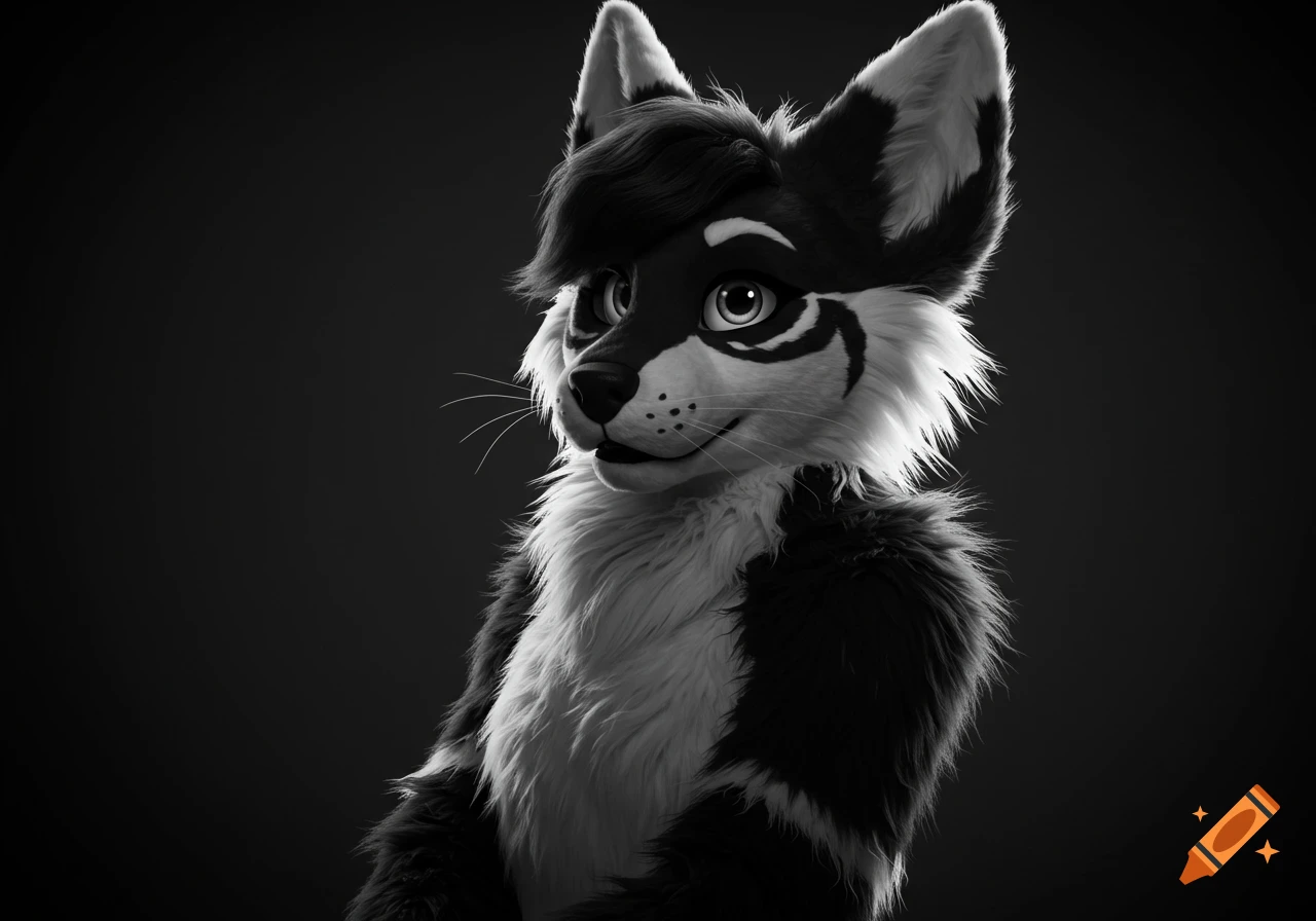 Black and white portrait of a stylized furry character with detailed fur and large eyes.