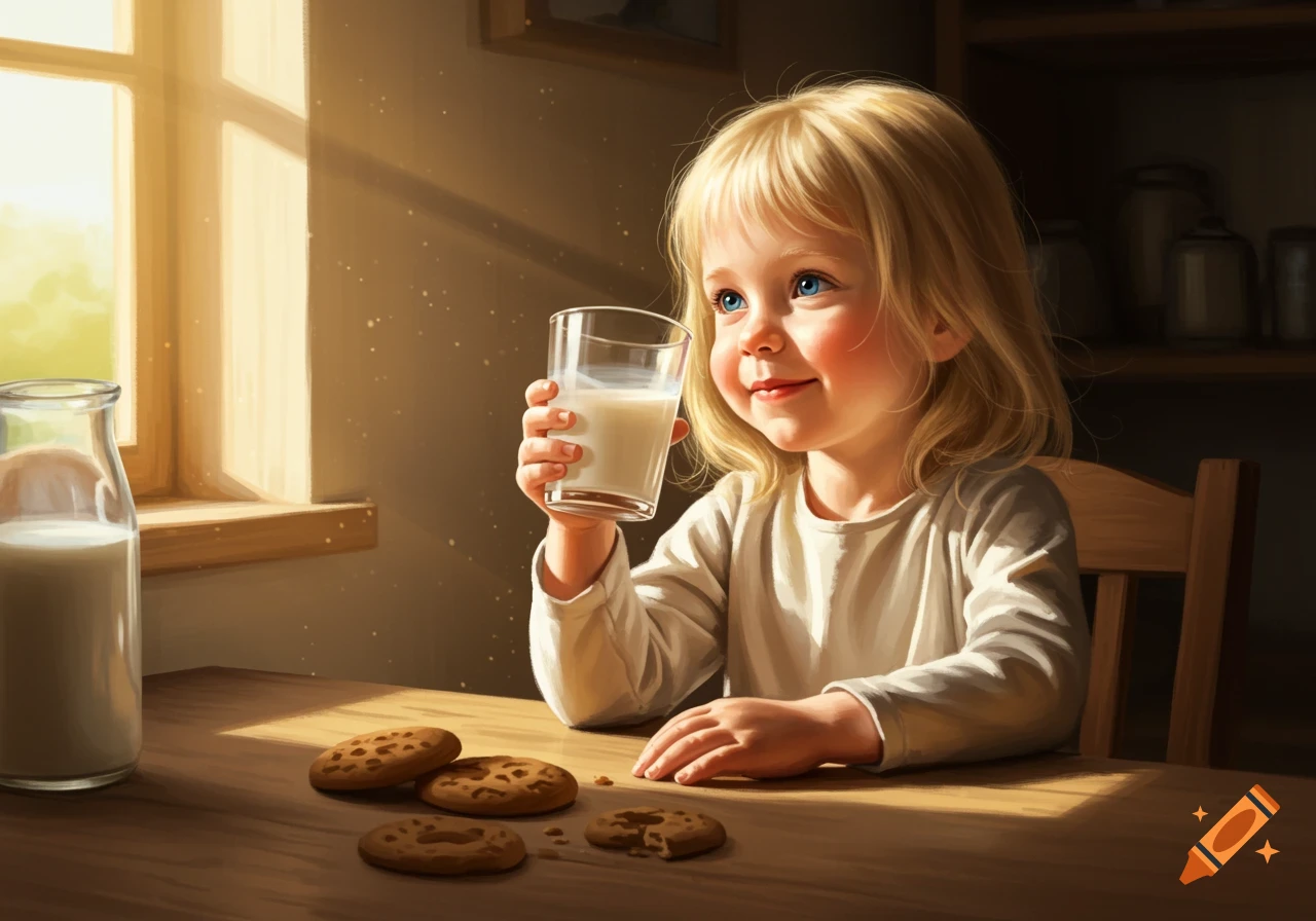 A young blonde girl sits at a sunlit wooden table, smiling while holding a glass of milk. Cookies and a milk bottle are on the table.