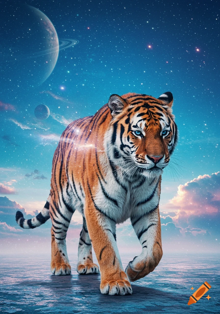 A photorealistic tiger with blue eyes walks on a reflective surface under a surreal starry night sky with planets.