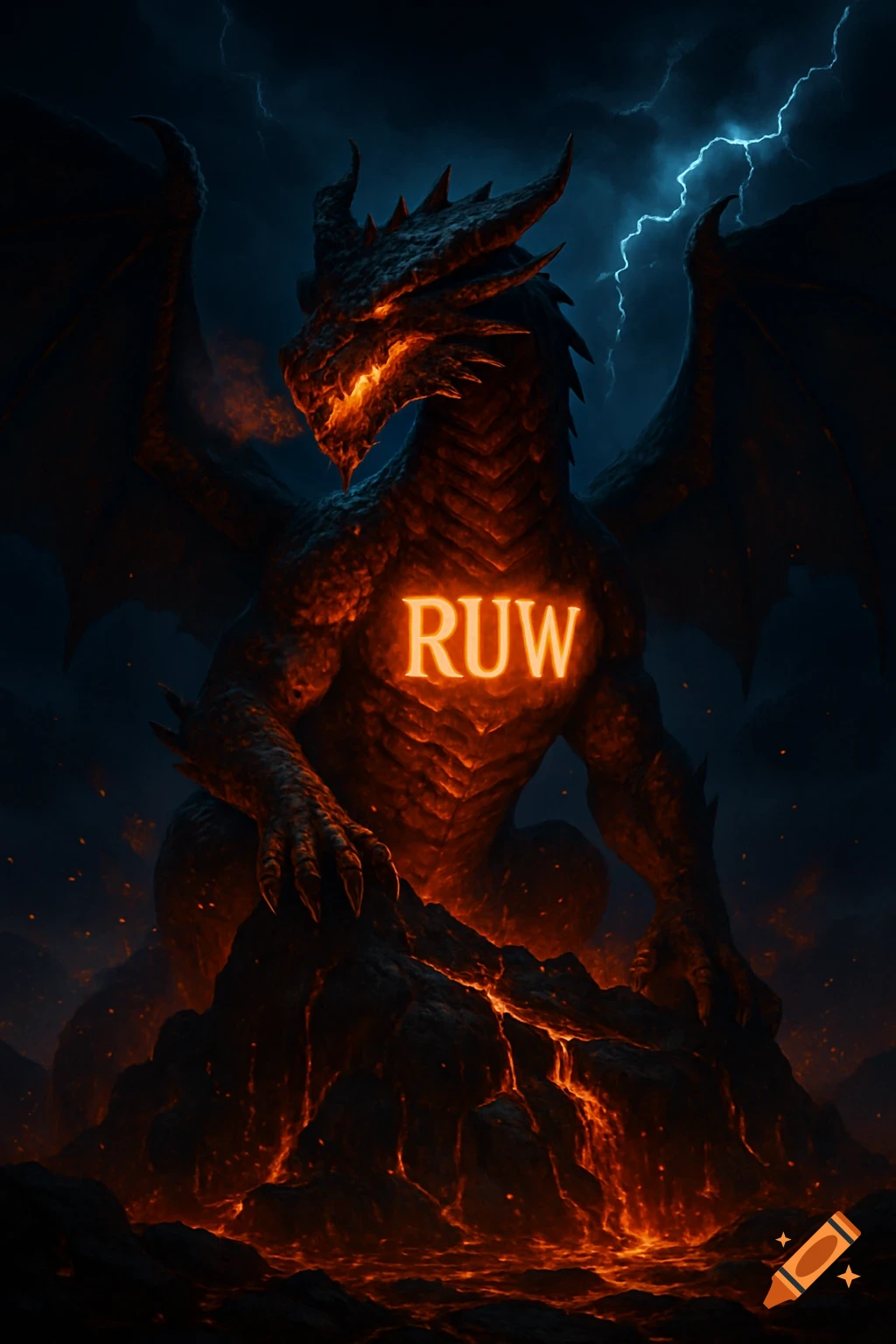 An imposing dark dragon with glowing orange eyes and 'RUW' on its chest, stands on a fiery volcanic landscape under a stormy sky with lightning.