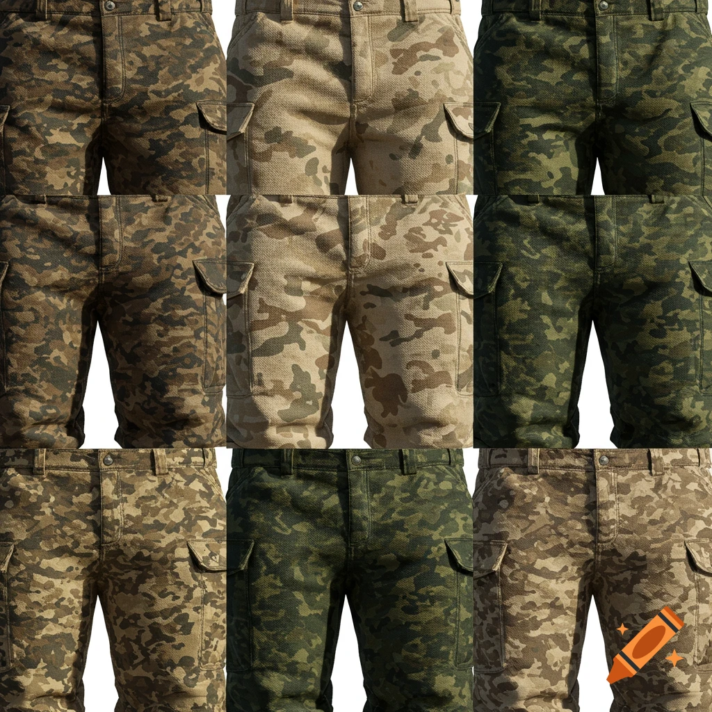 A grid showing nine different close-up views of camouflage patterned cargo pants in various shades of brown, green, and tan.
