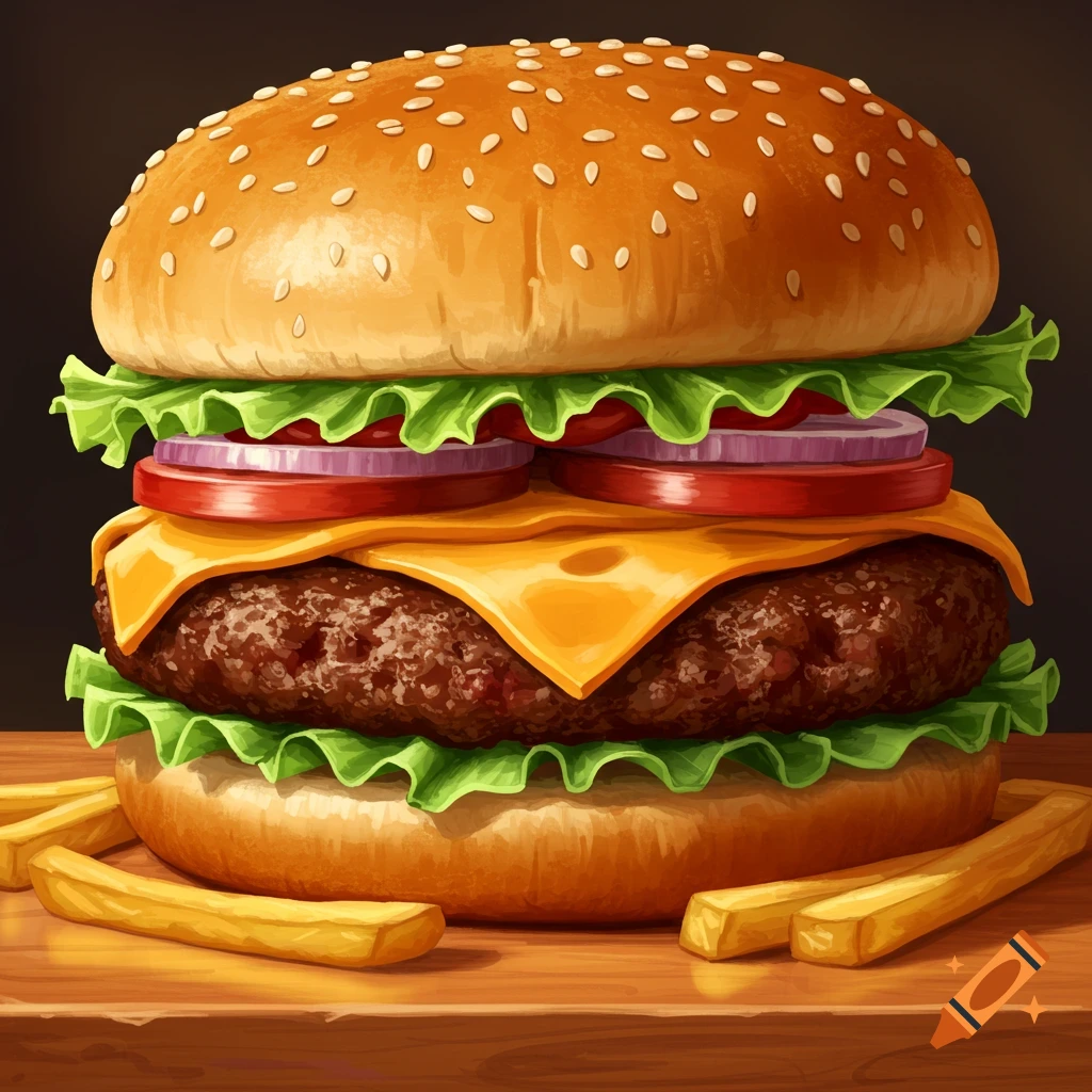 A close-up illustration of a large hamburger with cheese, lettuce, tomato, and onion, served with french fries.