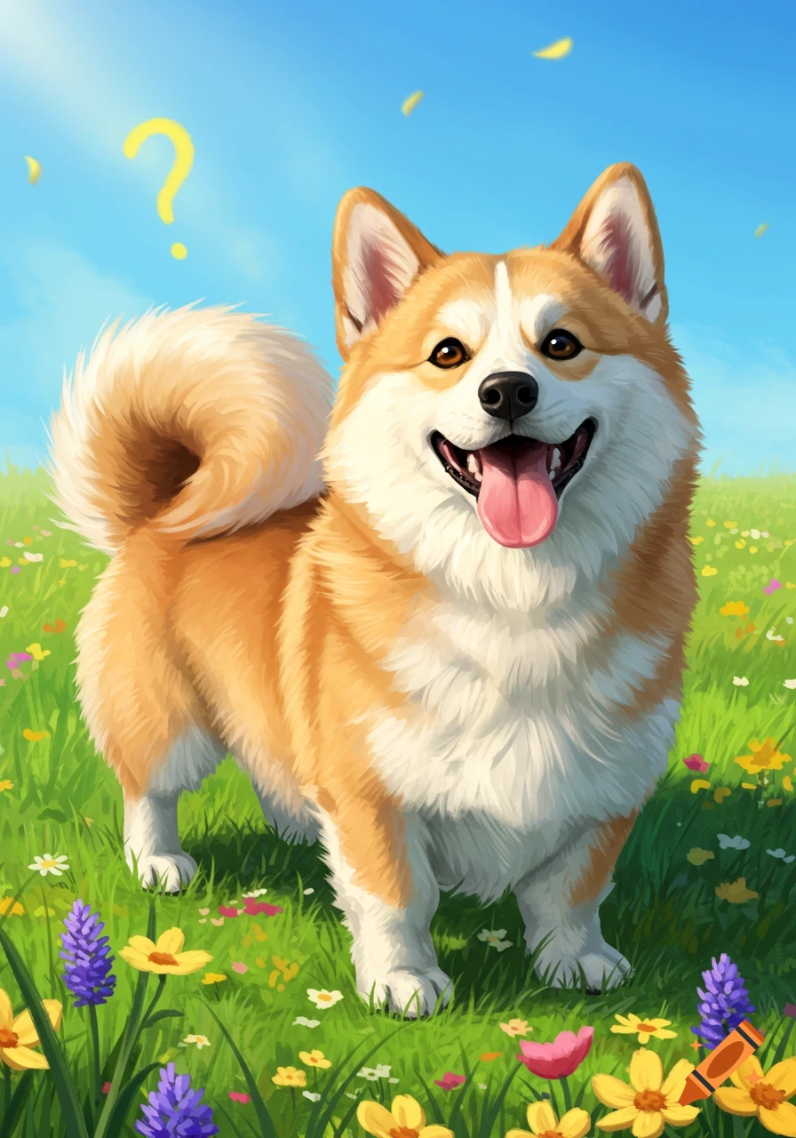 A happy corgi shiba mix dog stands in a vibrant field of colorful flowers under a bright blue sky with a yellow question mark.