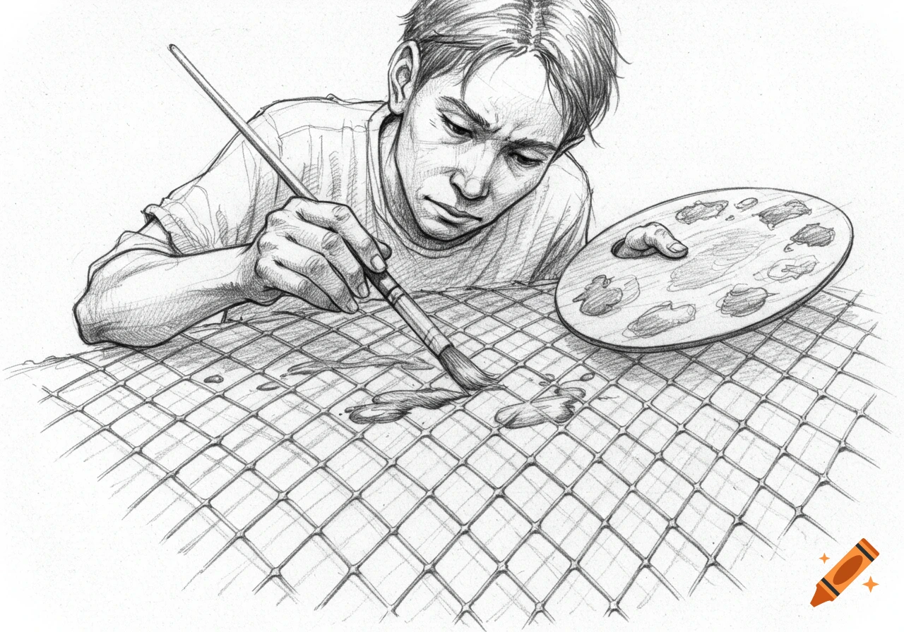 A detailed pencil sketch depicts a focused person applying paint with a brush onto a mesh wire surface, with a palette nearby.