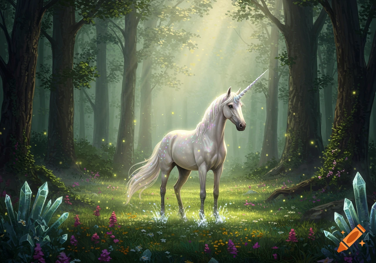 A white unicorn with a sparkling mane stands in an enchanted forest with glowing crystals and magical lights.