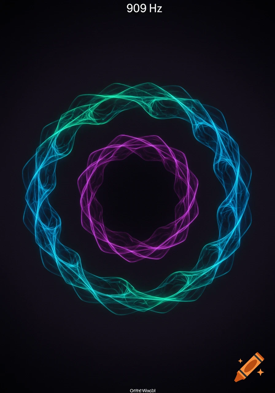 Abstract digital art of two concentric rings of blue, green, and magenta glowing wavy lines on a dark background, with '909 Hz' at the top.