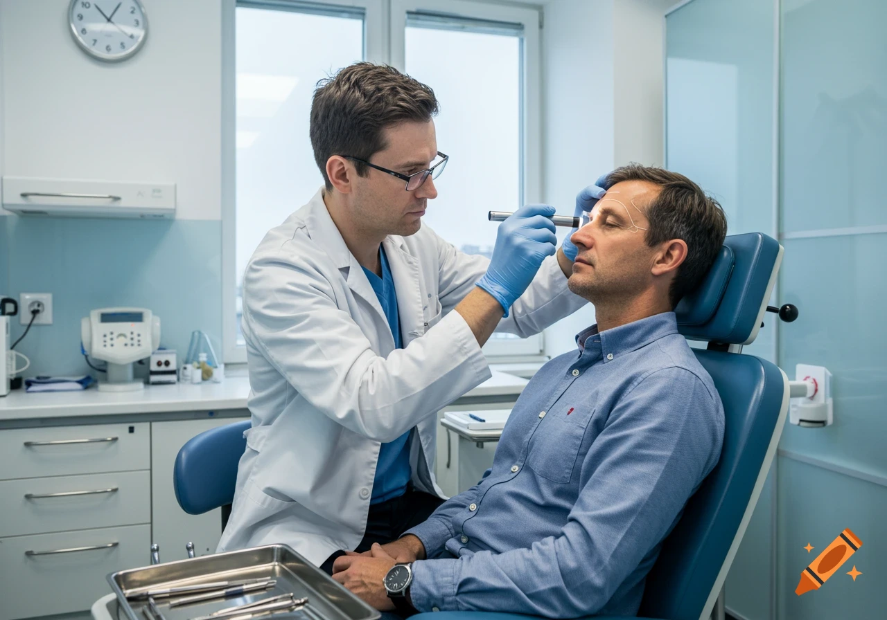 A doctor examines a male patient's eye with a penlight in a brightly lit clinic, with medical lines on the patient's forehead.