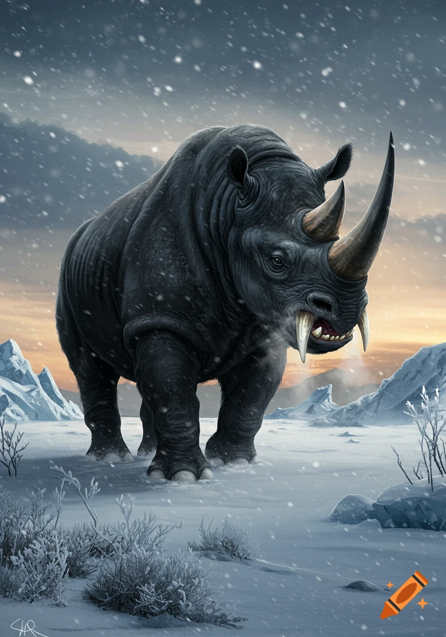 A large, dark woolly rhinoceros with two horns and prominent tusks stands in a snowy, mountainous landscape with falling snow and a cloudy sky.