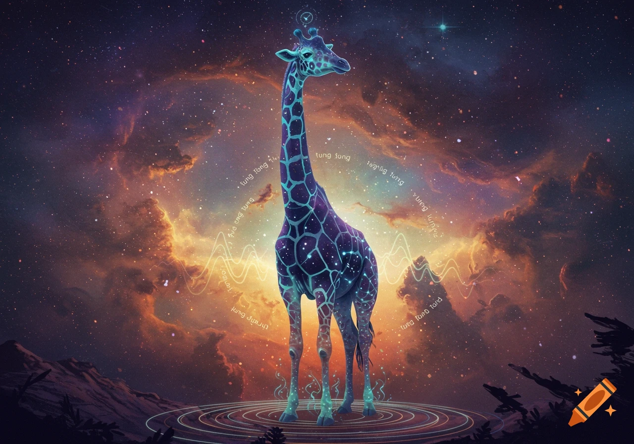 A glowing, cosmic giraffe with blue and purple patterns stands on a futuristic platform in space, surrounded by nebulae and stars.
