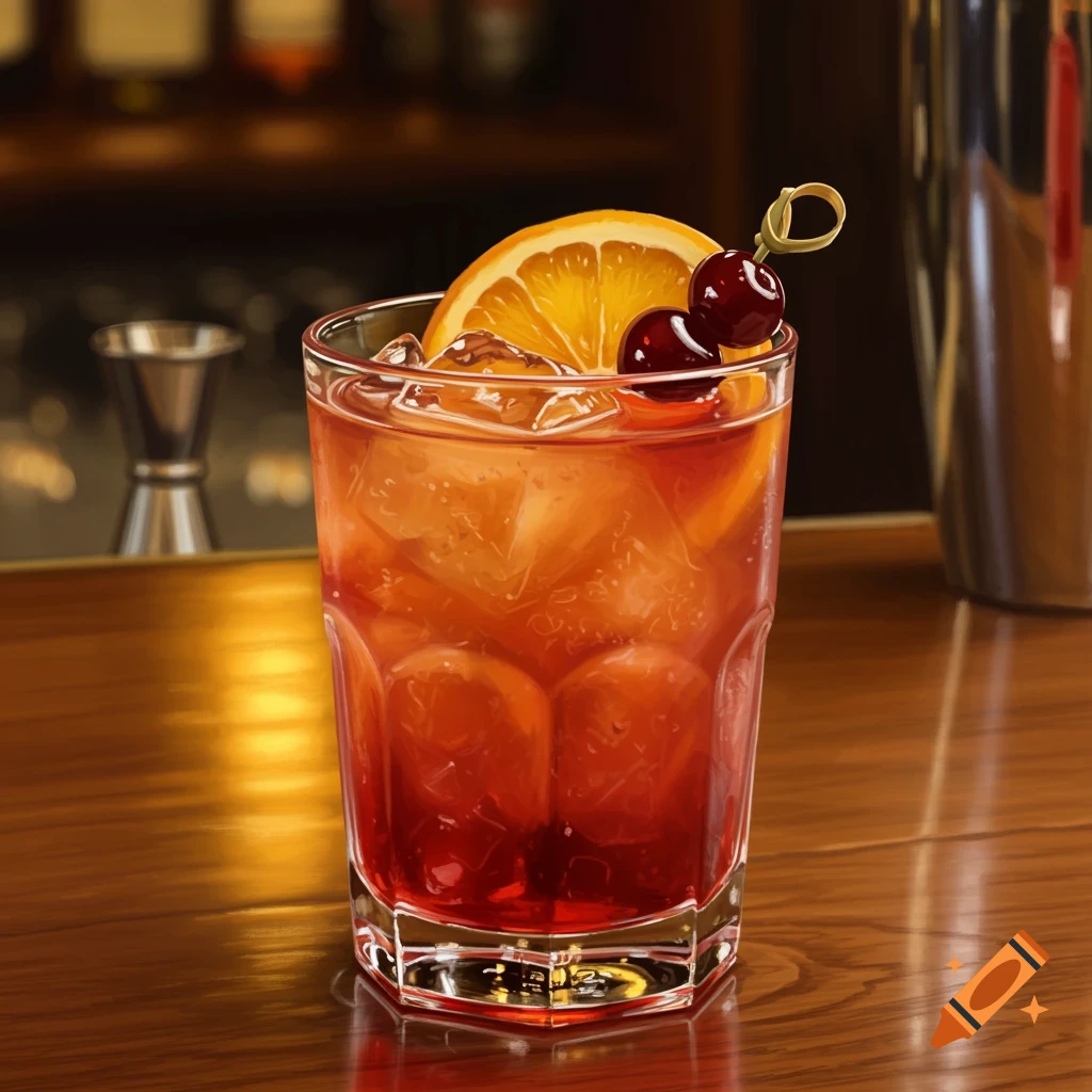 A vibrant orange and red cocktail in a glass with ice, an orange slice, and two cherries on a wooden bar, with a blurred background.