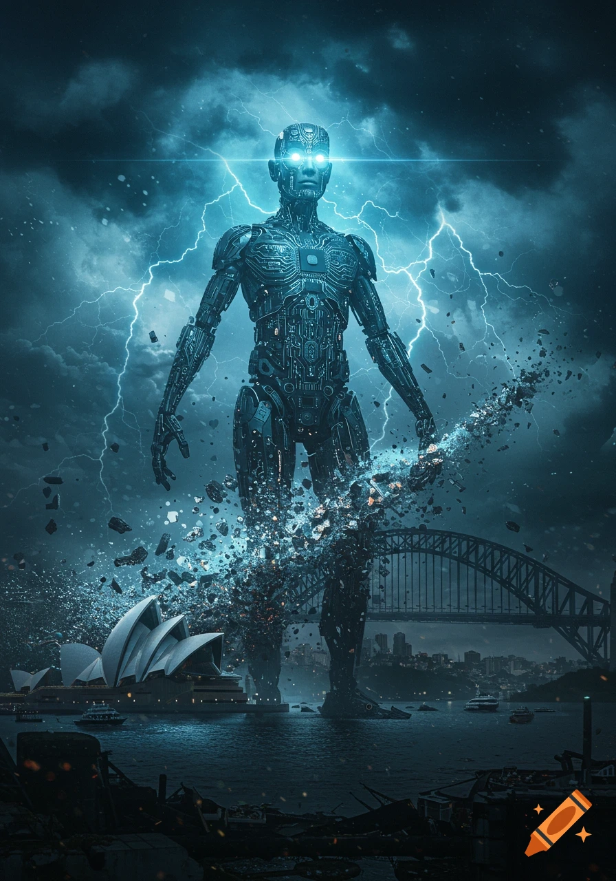 Giant cyborg with glowing eyes and lightning around it, destroying a city with the Sydney Opera House and Harbour Bridge in view.