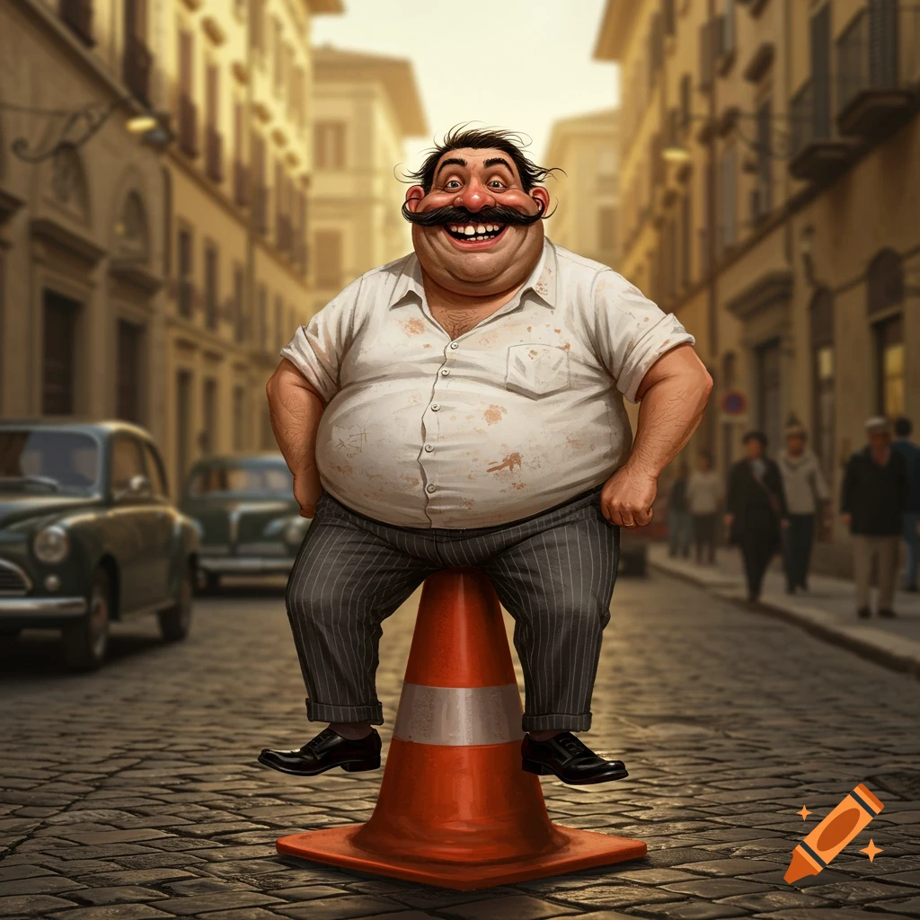 Cartoonish portly man with large mustache smiles broadly, sitting on an orange traffic cone on a cobblestone street with old cars and buildings.