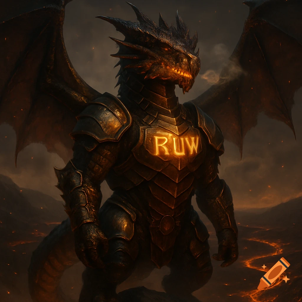 A powerful, armored black dragon with glowing orange eyes and a chest plate bearing the letters 'RUW', stands in a fiery, volcanic landscape.