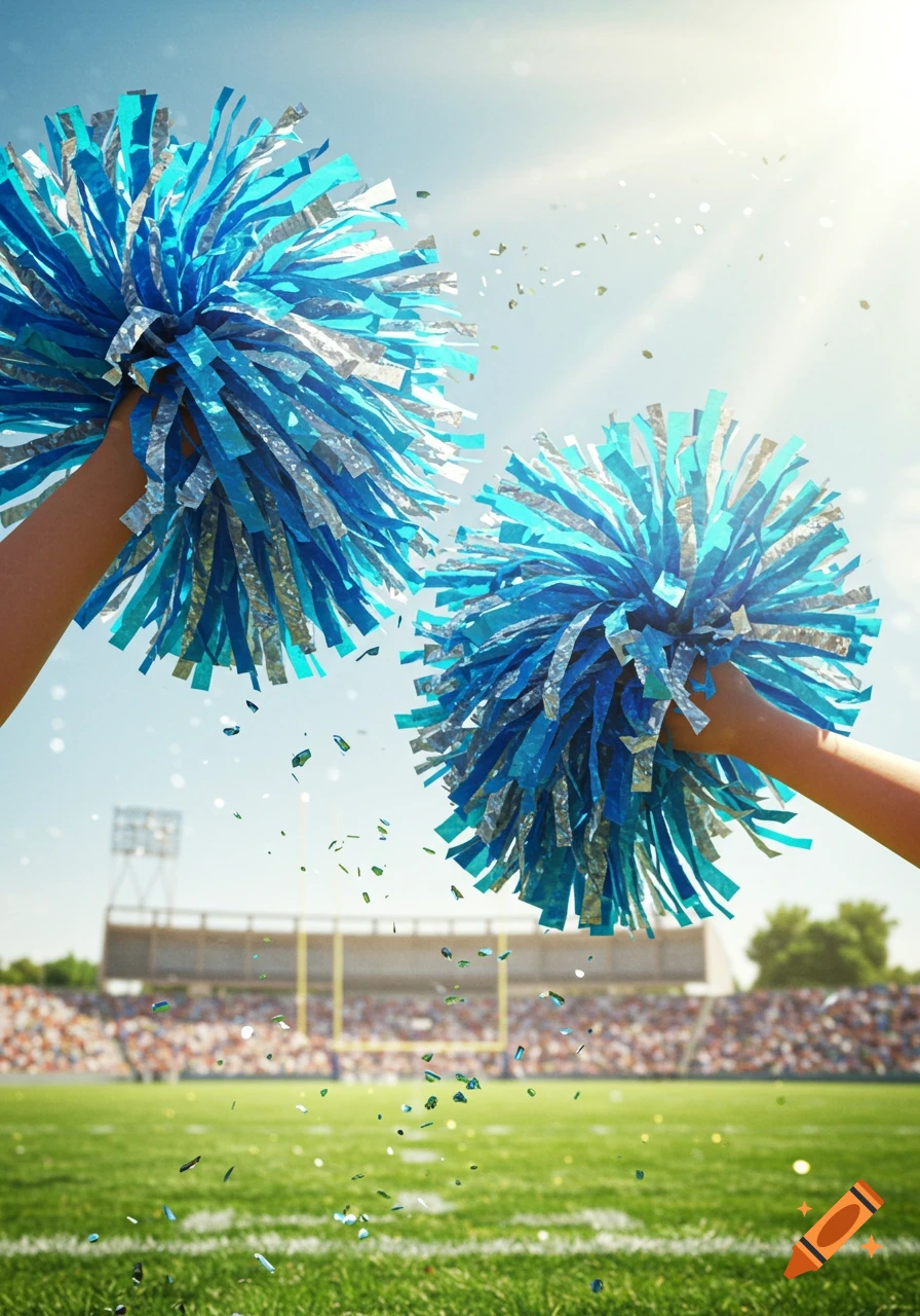 Two hands hold blue and silver cheerleading pom-poms high in a sunny sports stadium with a football field.