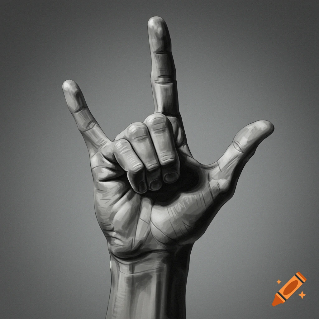 Grayscale illustration of a hand showing the 'I love you' sign.