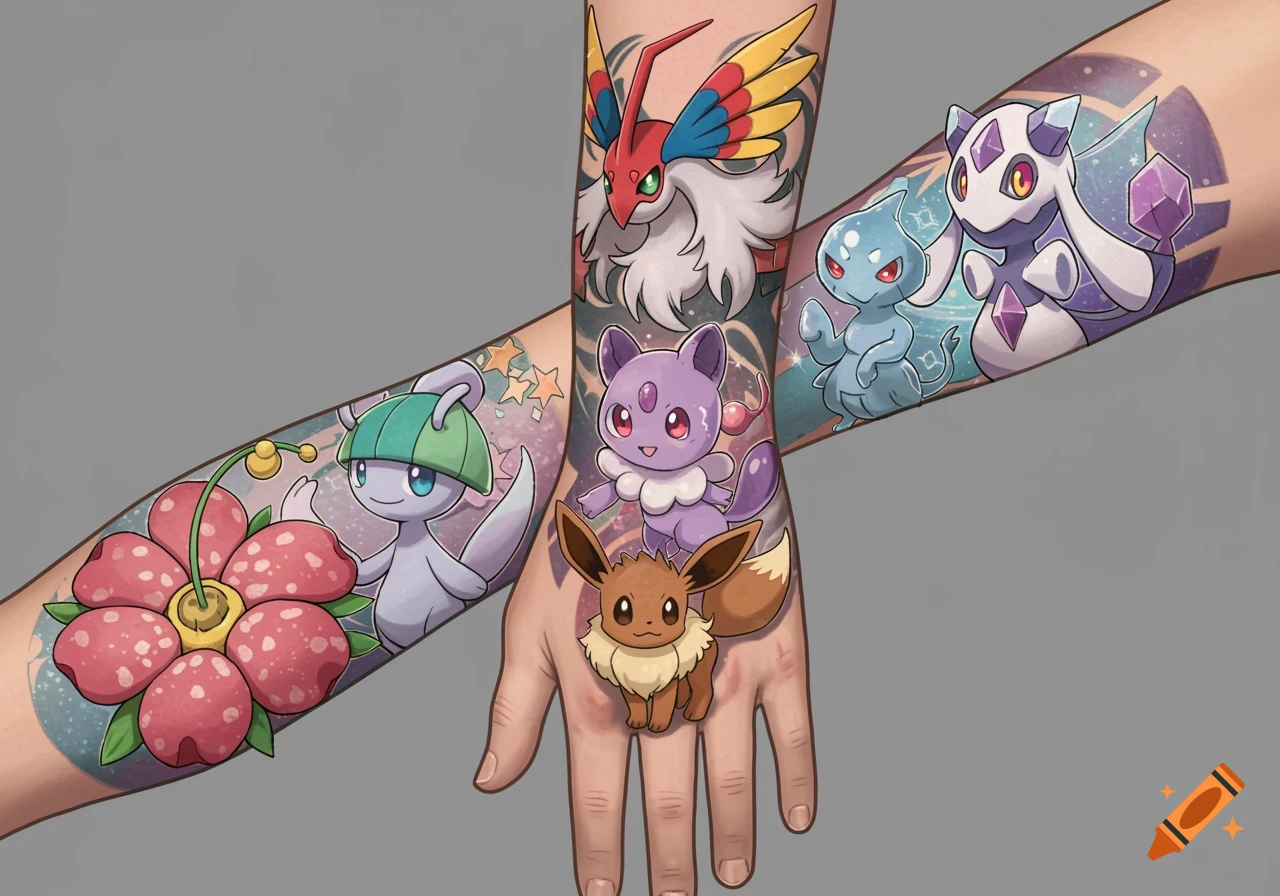 Colorful tattoos of various Pokémon characters and a large flower on human arms and a hand against a gray background.