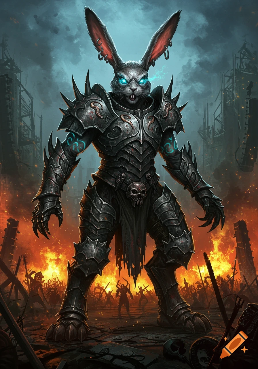 A menacing, armored rabbit warrior with glowing blue eyes stands in a fiery, ruined battlefield.