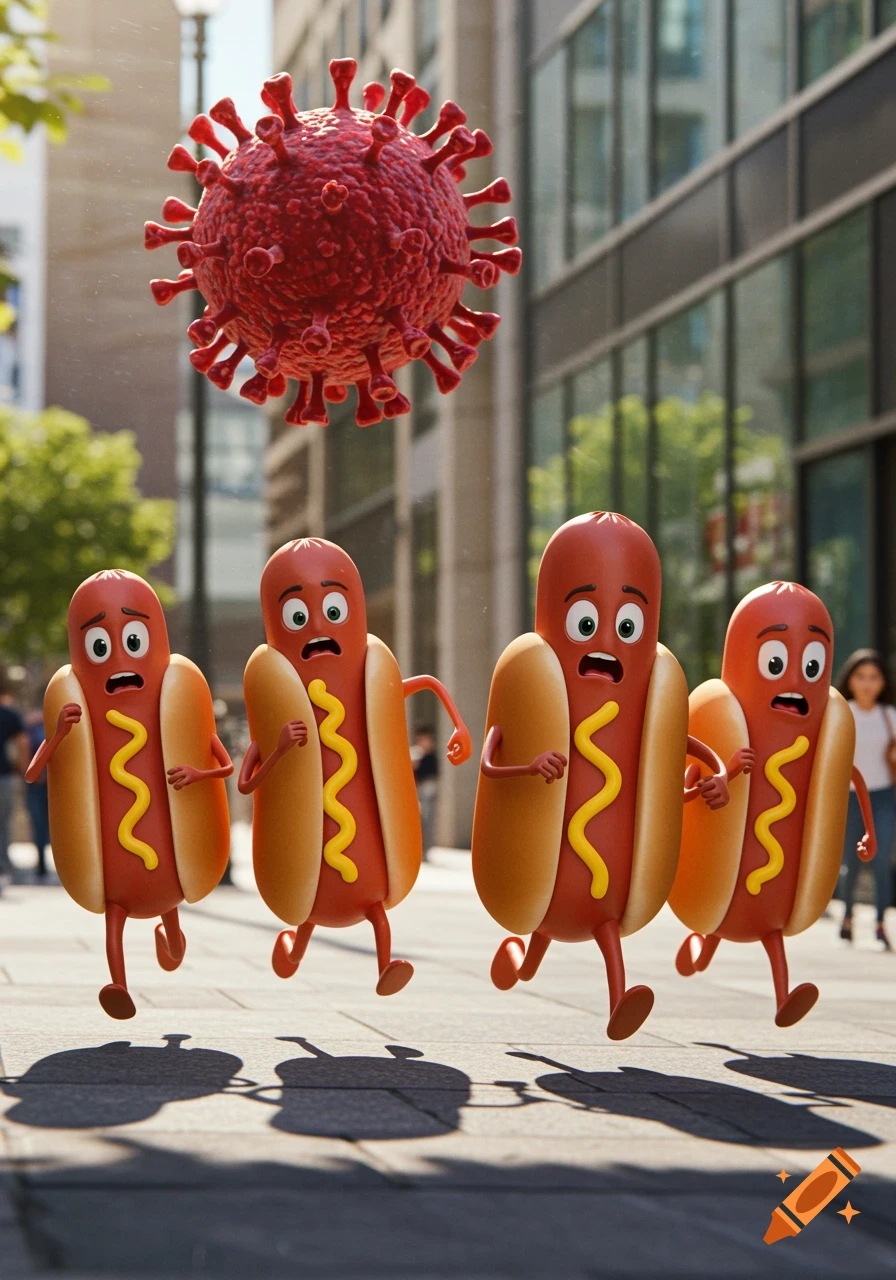 Four frightened cartoon hot dogs run down a city street, chased by a giant red coronavirus molecule.