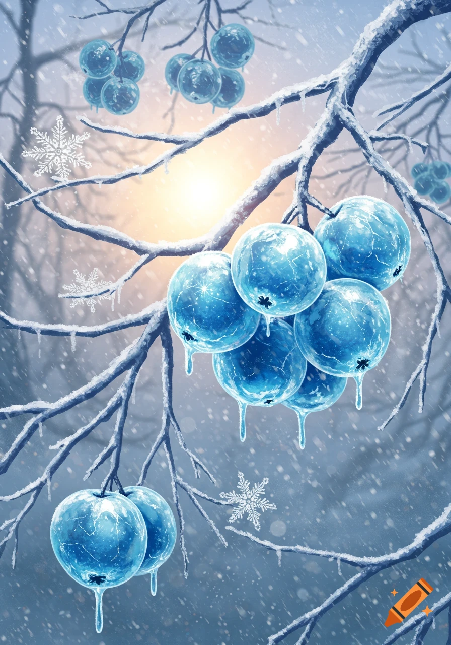 Stylized illustration of blue ice-covered fruit dripping water on snowy tree branches in a winter forest with sunlight.