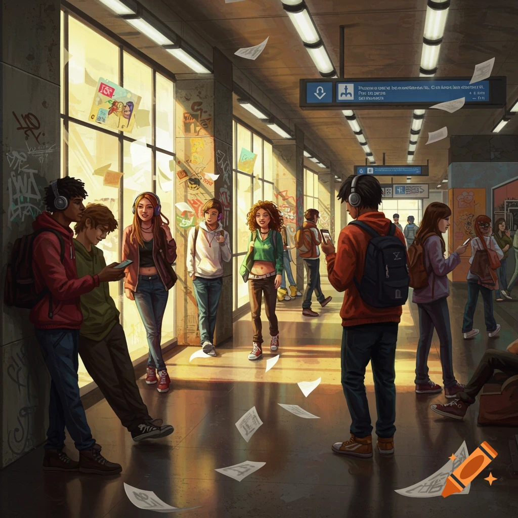 An illustration of a diverse group of young people in a vibrant, sunlit subway station, with graffiti on pillars and papers scattered on the floor.