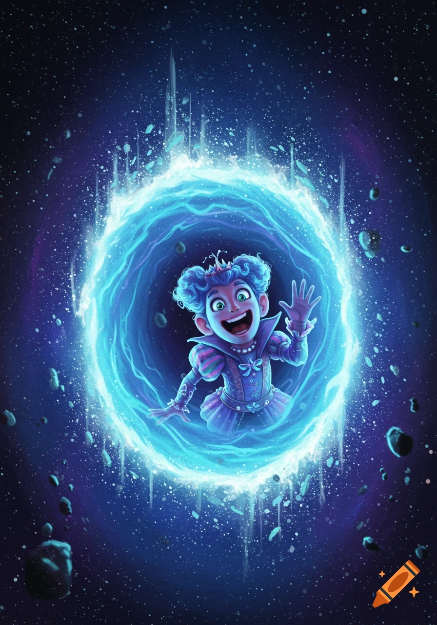 A cheerful, blue-haired character waves from a glowing blue magical portal amidst a starry cosmic background.