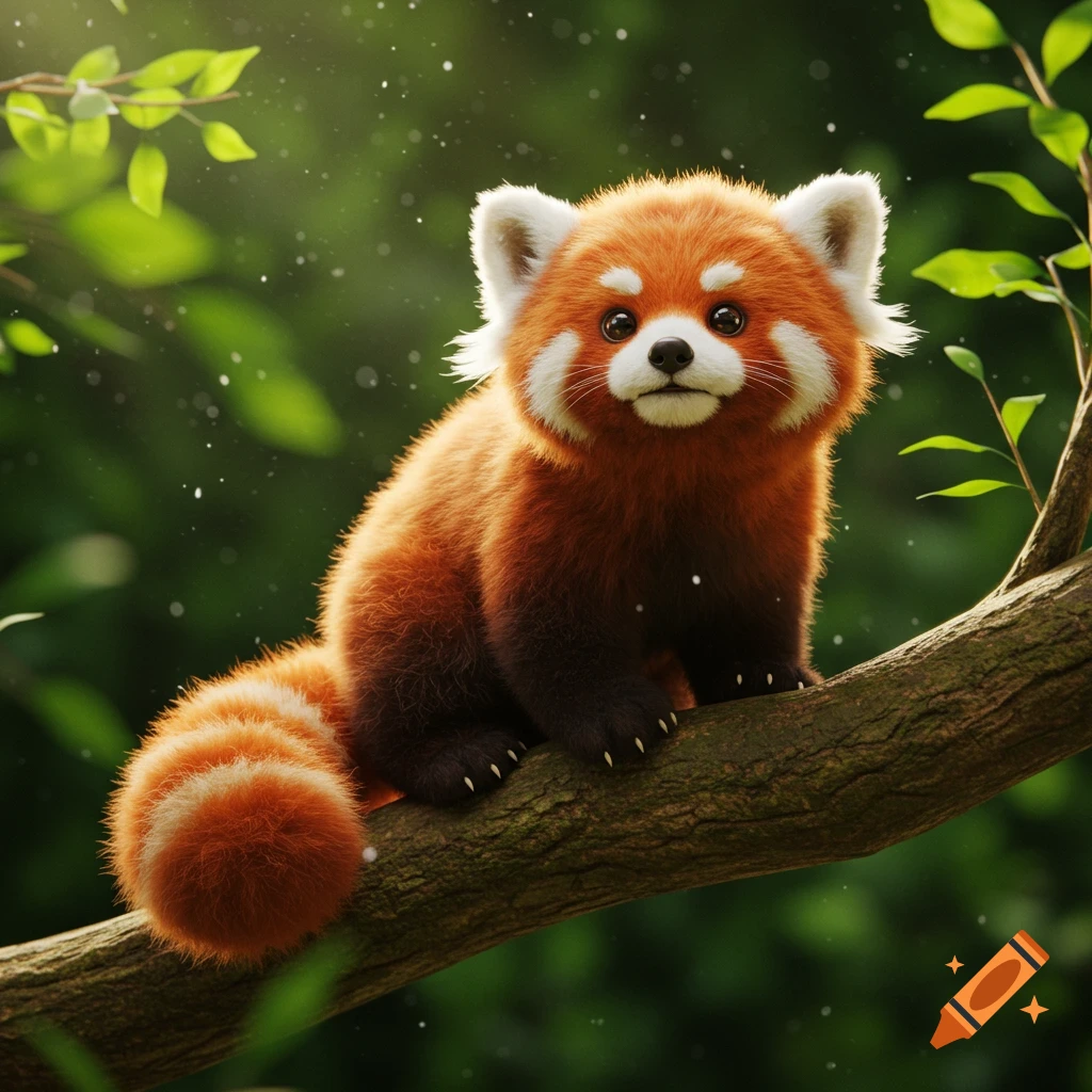 A cute fluffy red panda sits on a tree branch with lush green foliage and sunlight in the background.