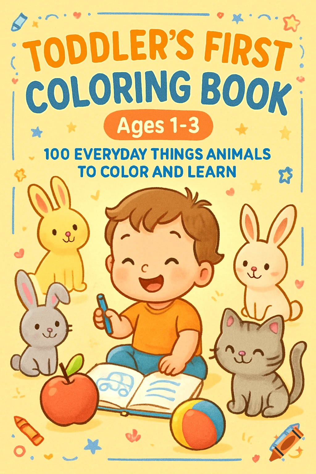A cartoon illustration of a happy child coloring a book surrounded by rabbits, a cat, an apple, and a ball. The book cover reads "Toddler's First Coloring Book Ages 1-3".